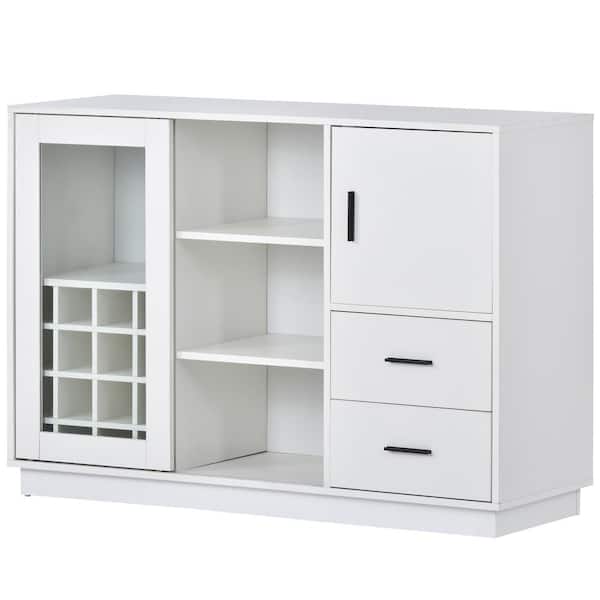 Angel Sar White Kitchen Functional Sideboard with Glass Sliding Door and Integrated 16-Bar Wine Compartment
