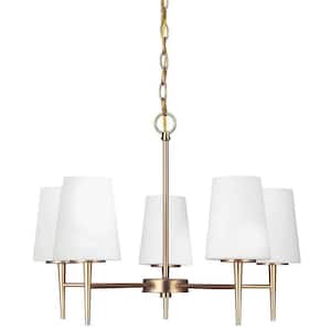 Driscoll 5-Light Satin Brass Mid-Century Modern Hanging Single Tier Chandelier with Inside Etched White Glass Shades