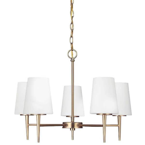 Generation Lighting Driscoll 5-Light Satin Brass Mid-Century Modern Hanging Single Tier Chandelier with Inside Etched White Glass Shades