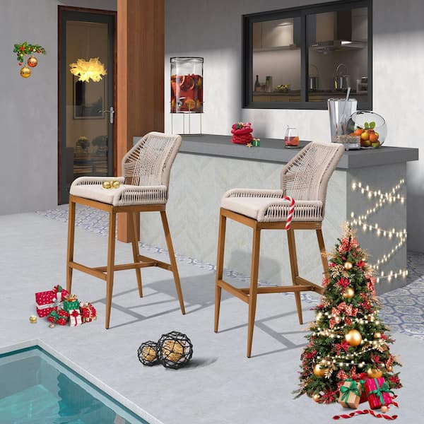 PURPLE LEAF Modern Aluminum Twill Wicker Woven Counter Height Outdoor Bar Stool with Back and Cushion (2-Pack)