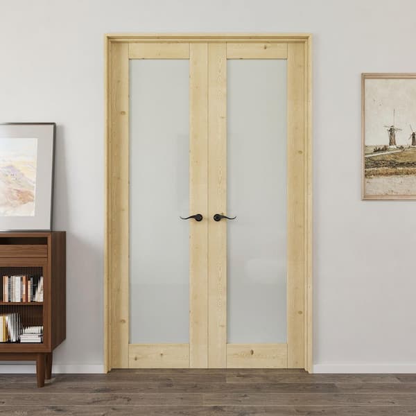 48 in. x 80 in. 1-Lite Frosted Glass Universal Solid Core Unfinished Pine Wood Double Prehung French Door plus Pine Jamb