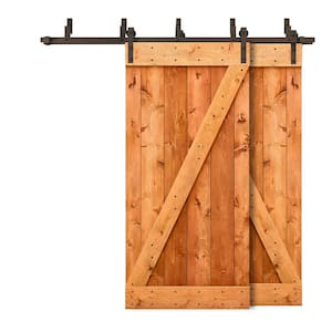 92 in. x 84 in. Z-Bar Bypass Red Walnut Stained DIY Solid Wood Interior Double Sliding Barn Door with Hardware Kit
