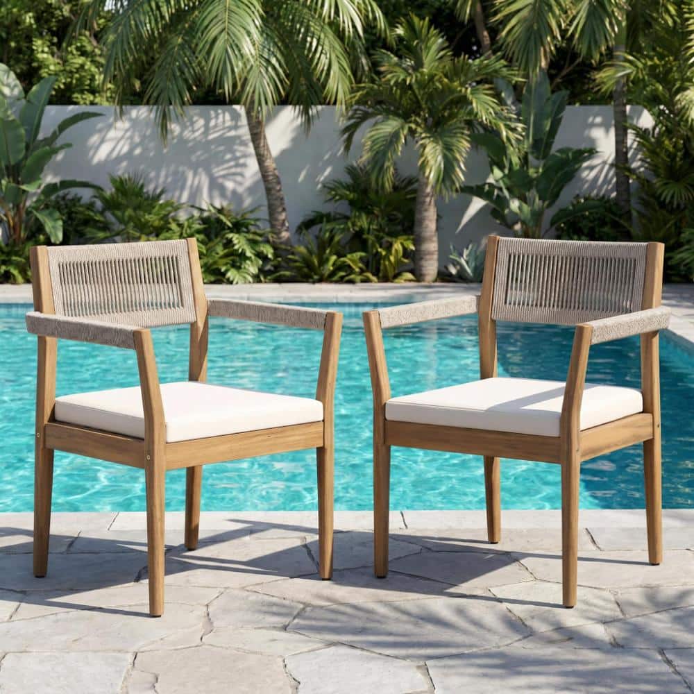 Brown Wood Patio Dining Chair with Beige Rope and Cream Cushions Set of 2 price history on PriceWatchPro