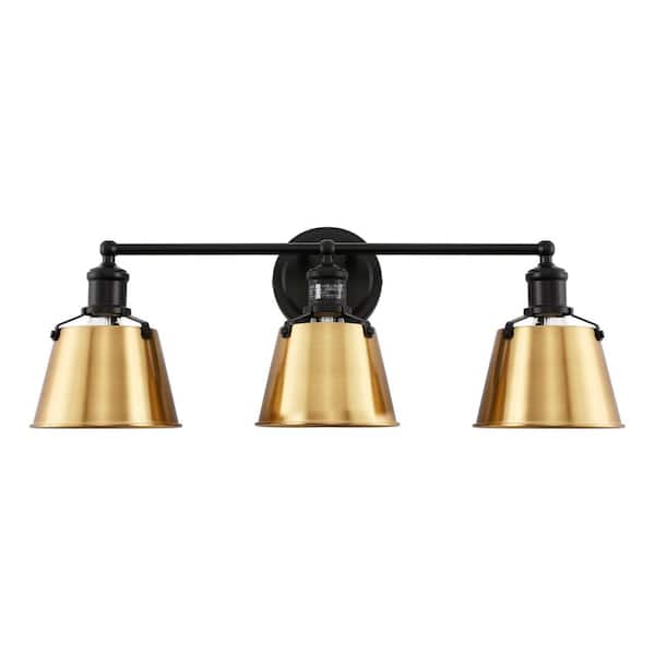 Briignite 26 in. 3-Light Black and Gold Bell Vanity Light with Metal Shades for Modern Bathroom