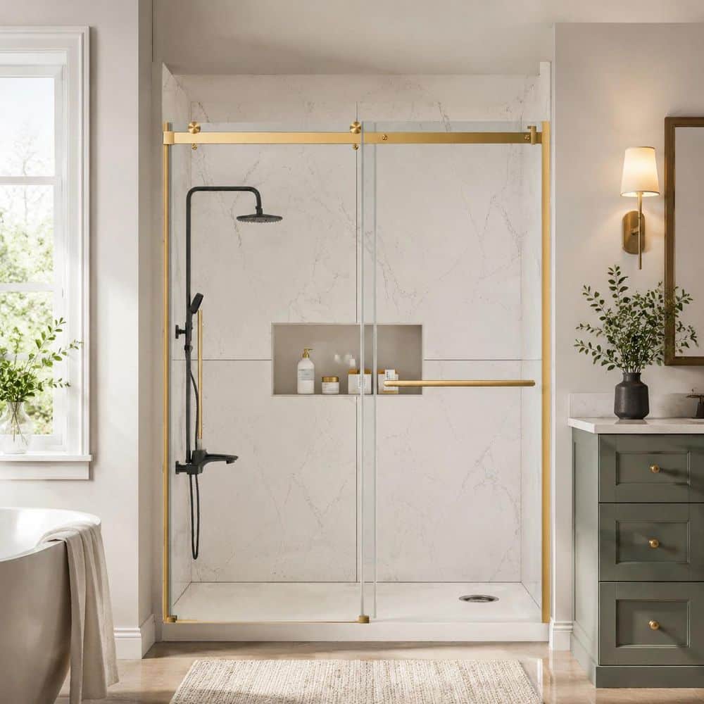 56 in. to 60 in. x 76 in. Frameless Sliding Shower Door in Brushed Gold with ASIN Certified Tempered Glass price history on PriceWatchPro