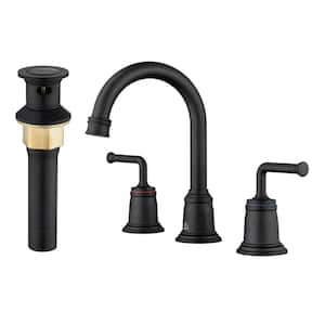 8 in. Widespread Double Handle Bathroom sink Faucet with 360° Swivel Spout, Stainless Steel Pop Up Drain in Matte Black
