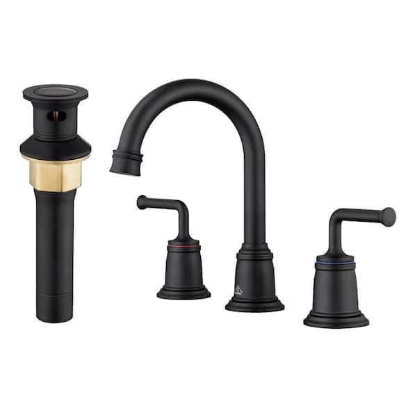 CASAINC 8 in. Widespread Double Handle Bathroom sink Faucet with 360° Swivel Spout, Stainless Steel Pop Up Drain in Matte Black