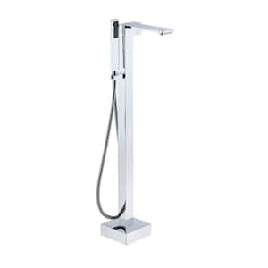 1-Handle Floor Mount Freestanding Tub Faucet with Square Handheld Shower in Chrome Plated