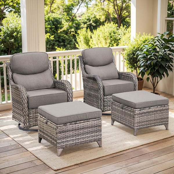 Crescent Gray Swivel Glider Wicker Patio Conversation Set with Gray Olefin 6 In. Thick Cushions/Ottoman (4-Piece)