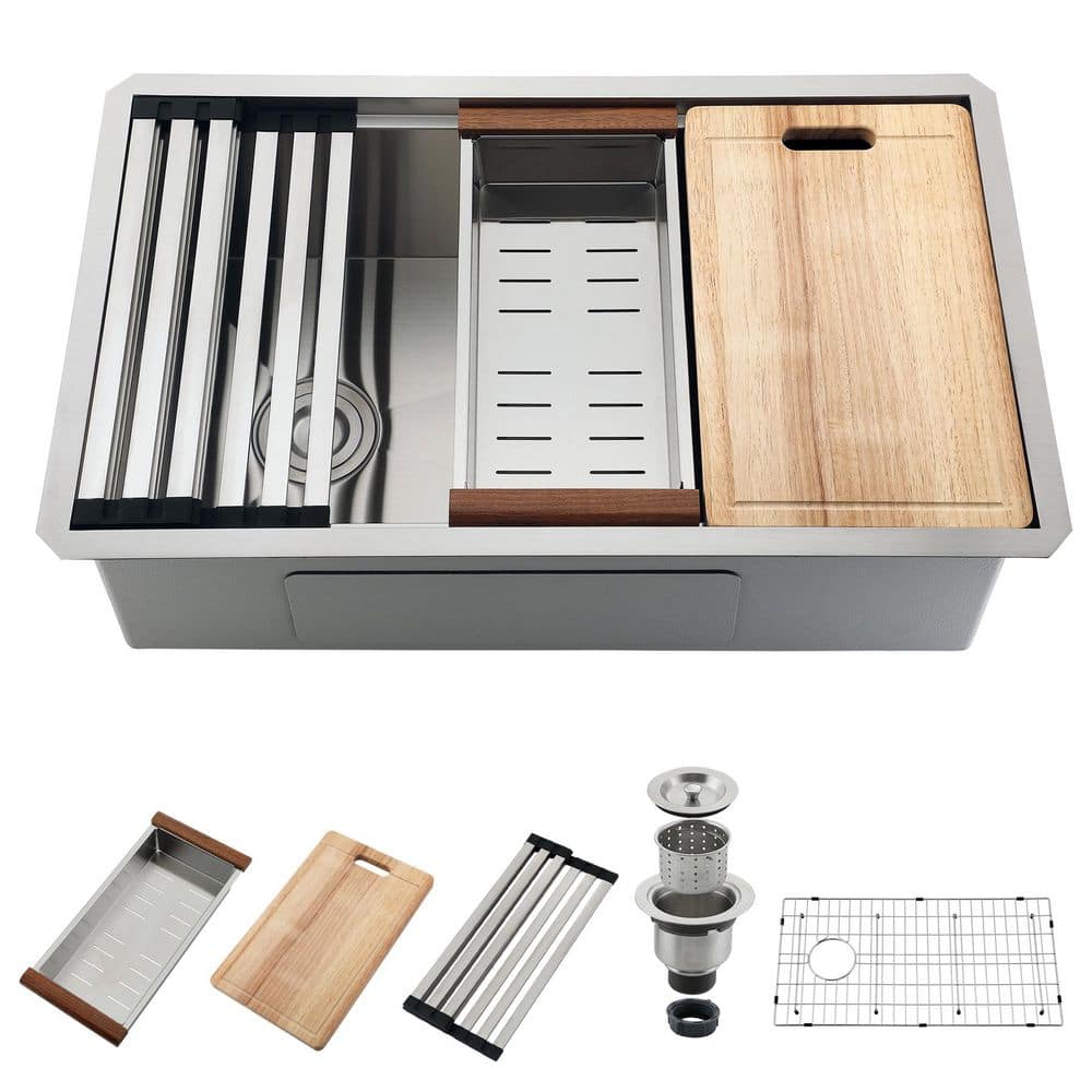 VK 32 in. Undermount Single Bowl 16 Gauge Stainless Steel Kitchen Workstation Bundle and Accessories Set Included price history on PriceWatchPro