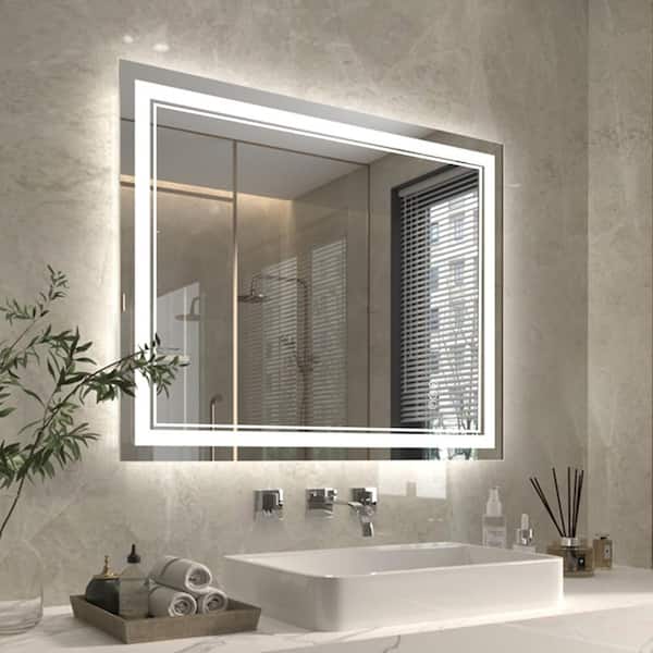 Unbranded Exbrite 32 in. W x 40 in. H Medium Rectangular Frameless Anti-Fog Wall Mount Bathroom Vanity Mirror in Silver