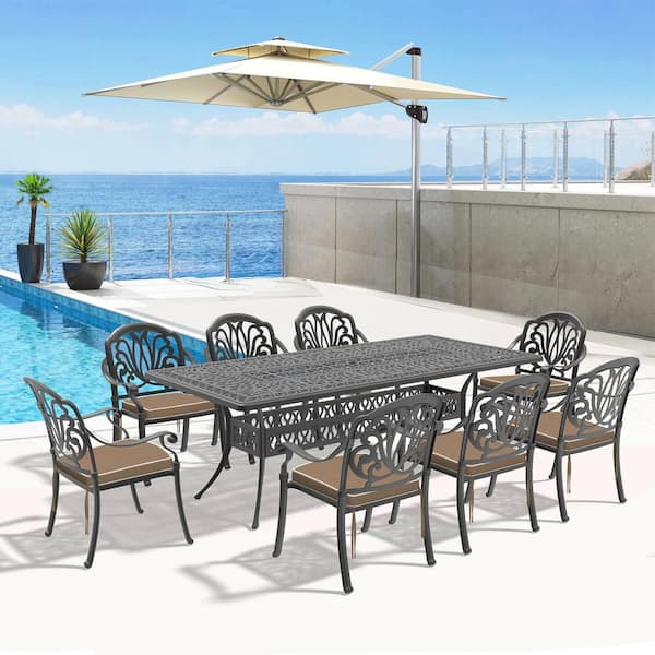 Willit Elizabeth Black 9-Piece Cast Aluminum Outdoor Dining Set with Rectangle Table and Dining Chairs & Random Color Cushion
