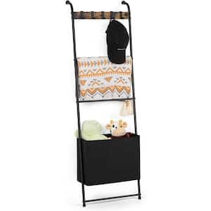 4-Tier Farmhouse Wall Mounted Blanket Ladder Rack with 5 Hanging Hooks and Storage Basket