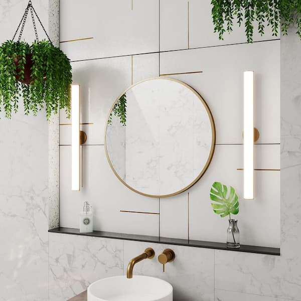 Prospero 24 in. W x 24 in. H Round Framed Light-up Wall Mounted Bathroom Vanity Mirror in Brushed Brass