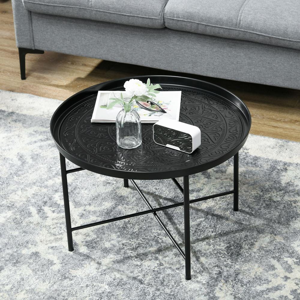 HOMCOM 24" Round Black Metal Coffee Table with Hammered Tray Top