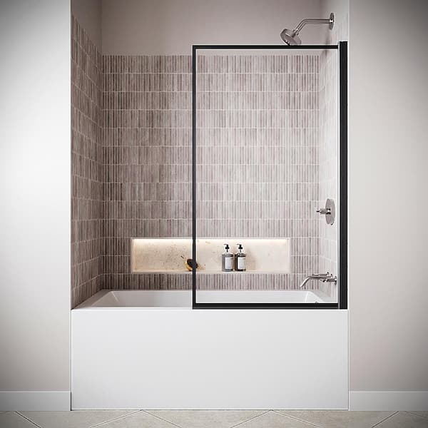 Marecchia 34 in. x 58 in. Framed Pivot Bathtub Door with CrystalTech Treated 5/16 in. Glass, Matte Black Hardware