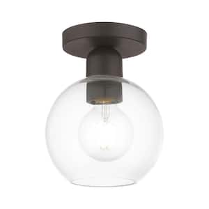 Downtown 6.5 in. 1-Light Bronze Semi-Flush Mount with Clear Sphere Glass