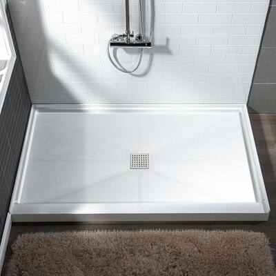 Krasik 60 in. L x 34 in. W Alcove Solid Surface Shower Pan Base with Center Drain in White with Brushed Nickel Cover