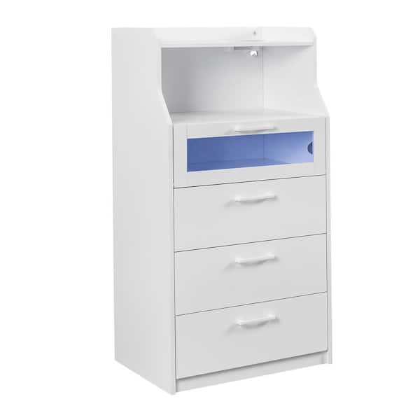 VECELO Tall Dresser with LED White-A for Bedroom, 4 Drawers 23.62 in. Dresser with Power Outlet and Fence