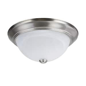 13 in. 2-Light Brushed Nickel Flushmount with White Alabaster Glass Diffuser