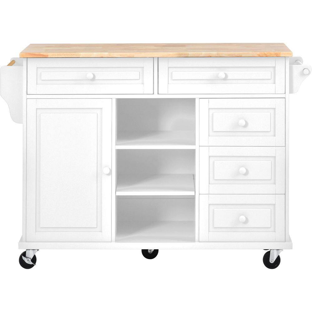 White Rubber Wood Kitchen Cart with Spice Rack and Towel Rack