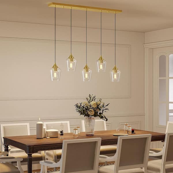 60-Watt 5 Light Brushed Gold Cluster Pendant Light for Kitchen Island with Clear Glass Shade and 10 in. - 55 in. Height