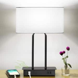 16 in. Table Lamp with Dual USB Charging Ports, 1 AC Outlet in Black