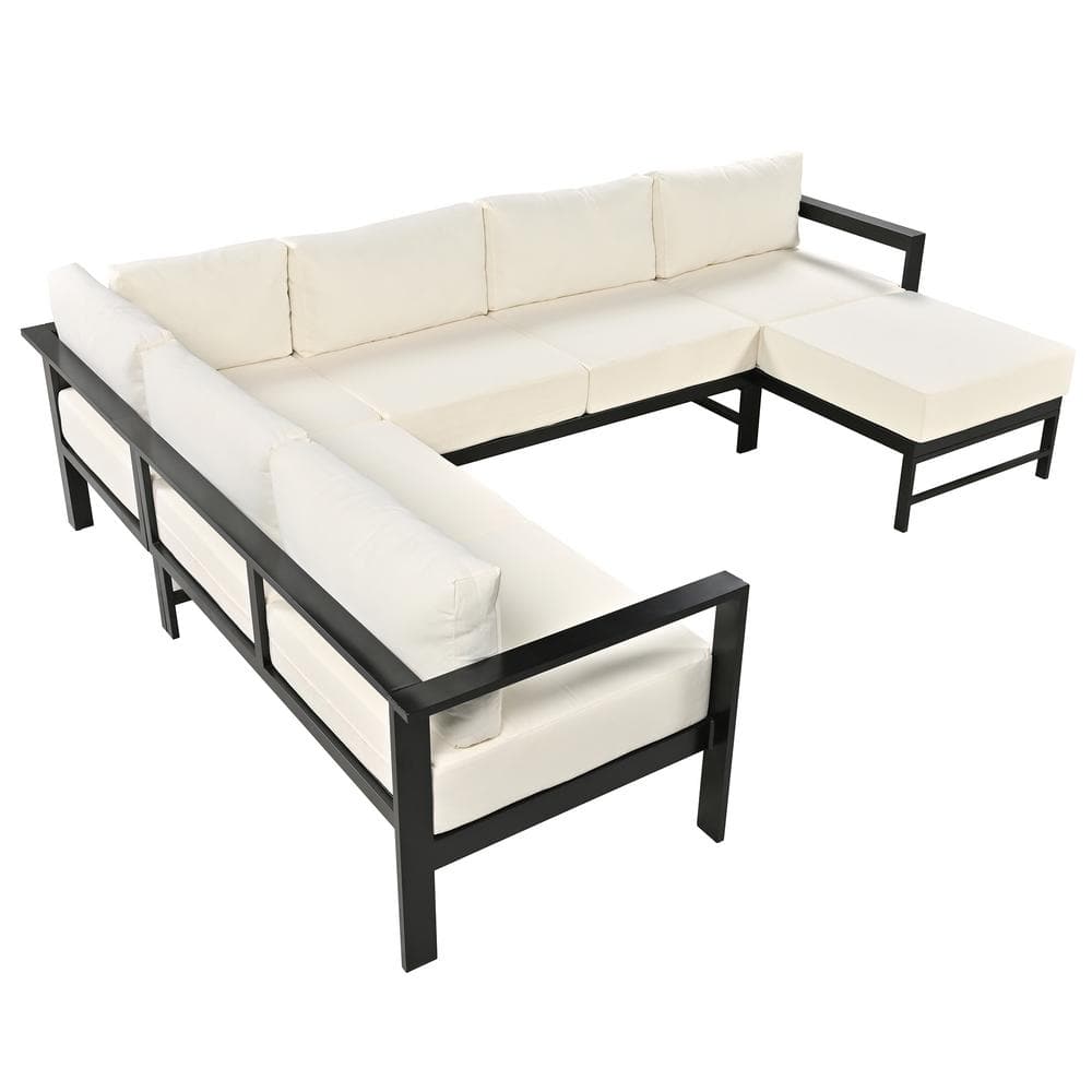 Aluminum U-shaped Multi-person Outdoor Sectional Set with White Cushions fo