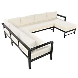 Aluminum U-shaped Multi-person Outdoor Sectional Set with White Cushions for Gardens, Backyards