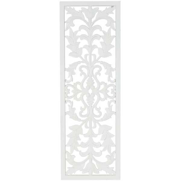 42 in. x 14 in. Wood White Carved Panel Floral Wall Art Decor with Scroll Details