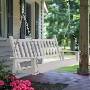 5 ft. White Outdoor Wooden Patio Porch Swing with Chains and Curved Bench