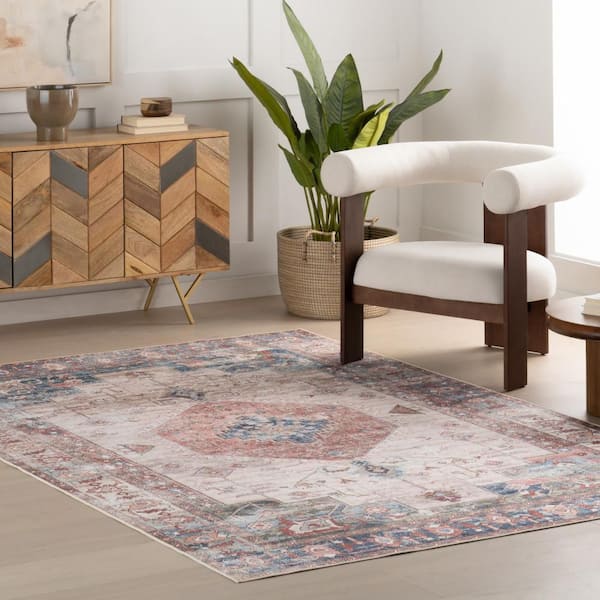 Runic Medallion Spill Proof Washable Brick 9 ft. x 12 ft. Indoor Area Rug