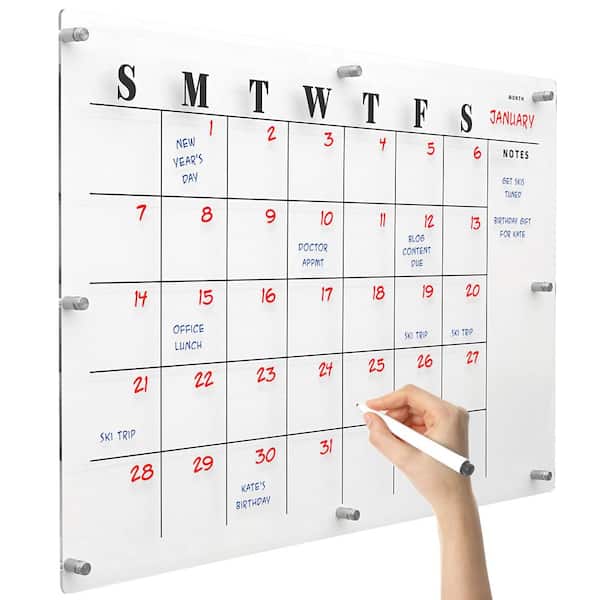 EXCELLO GLOBAL PRODUCTS 30 in. x 20 in. Acrylic Dry Erase Board with Custom Printed Calendar, Clear