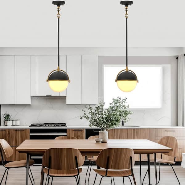 Modern Black Gold 1-Light Pendant Light with Milky Glass Sphere, E26 Base, No Bulb Included