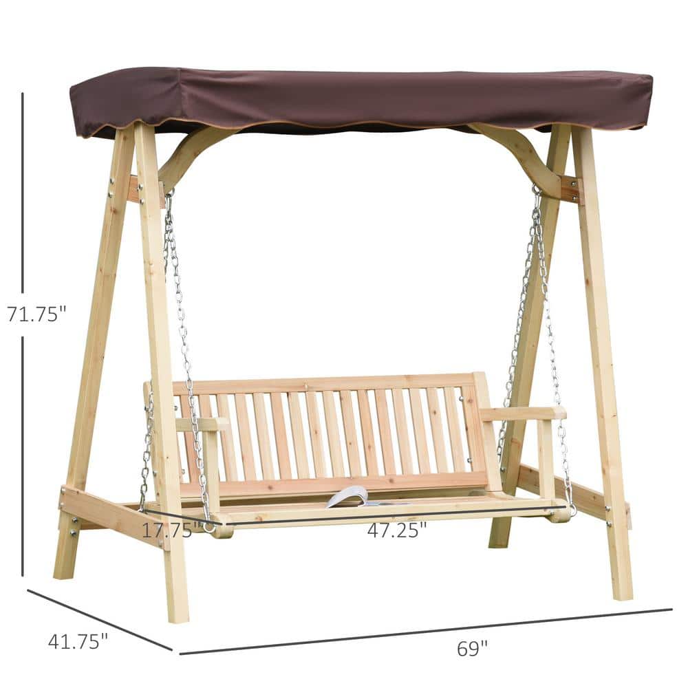Natural Fir Wood 2-Seater Porch Swing with Brown Canopy