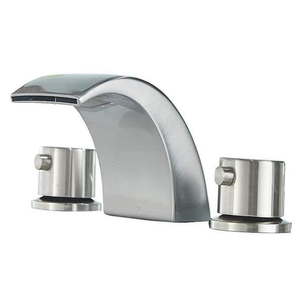Fapully 4 in. Centrest Double-Handle Brass Waterfall Bathroom Sink Faucet in Brushed Nickel