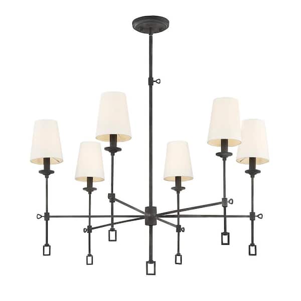 Savoy House 32 in. W x 27 in. H 6-Light Oxidized Black Chandelier with Cream Fabric Shades