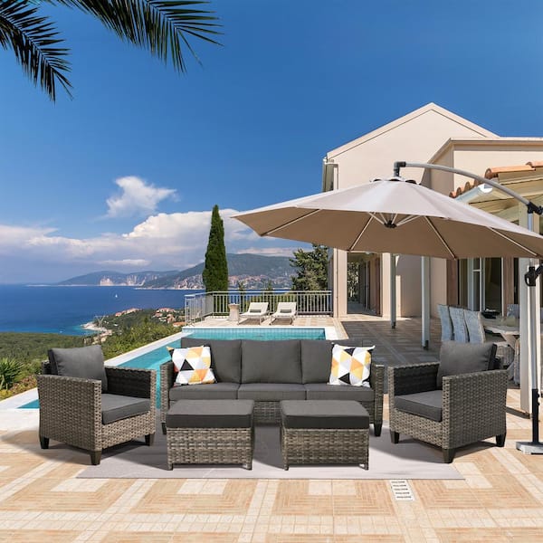 XIZZI Megon Holly Gray 5-Piece Wicker Outdoor Patio Conversation Seating Sofa Set with Black Cushions