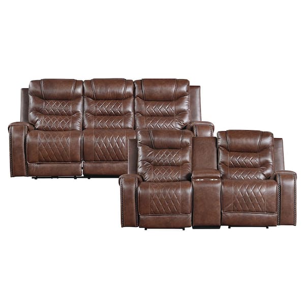 Lazzara Bergen 86.5 in. W Straight Arm Faux Leather Rectangle 2-Piece Power Reclining Sofa Set in. Brown