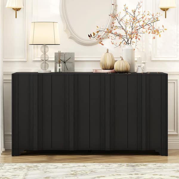 Black Wood 59.7 in. Sideboards with Intricate Linear Accents and 4-Doors