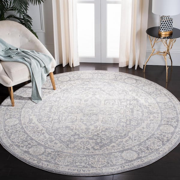 Brentwood Light Gray/Ivory 10 ft. x 10 ft. Distressed Border Medallion Round Area Rug