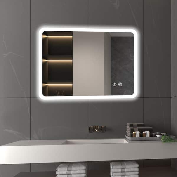 yulika 24 in. W x 32 in. H Rectangular Frameless with LED Anti-Fog and Lighted Wall Mirror Bathroom Vanity Mirror in Sliver
