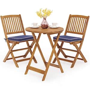 Brown 3-Piece Folding Wooden Outdoor Bistro Set with Navy Cushions