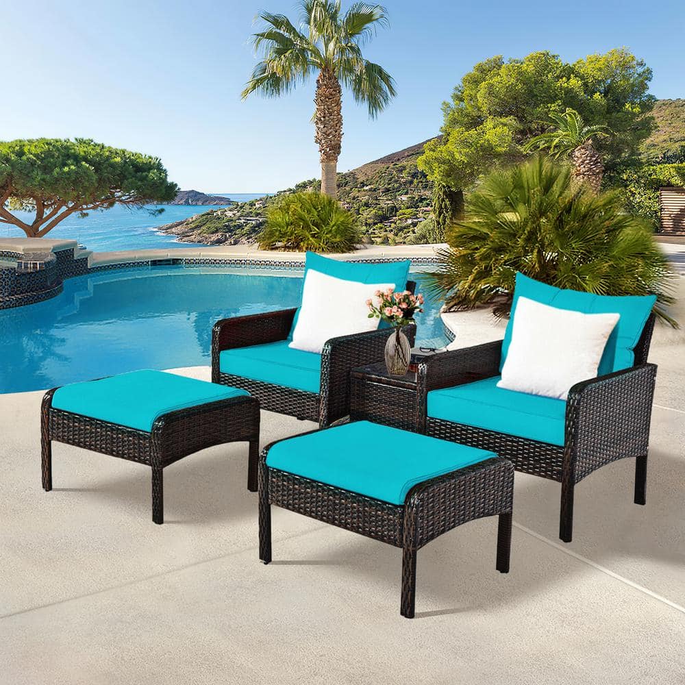 Turquoise 5-Piece Outdoor Rattan Conversation Set with Cushions