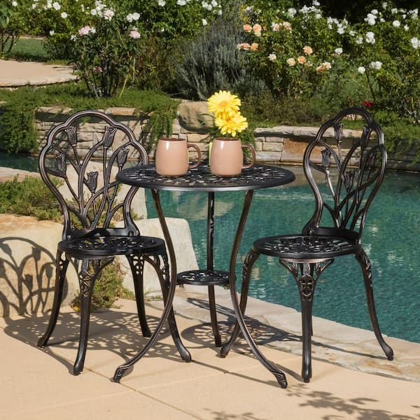 Phewnyzo 3-Piece Cast Aluminum Round Table Flowers Design Outdoor Bistro Set for your Patio Space with Umbrella Hole in Copper