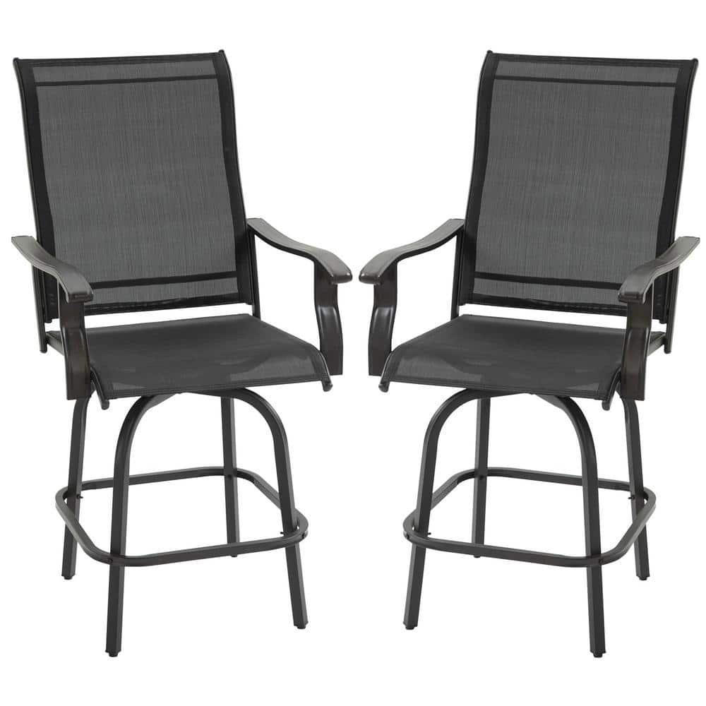 Café-Style Swivel Patio Bar Chair Set in Black Sling Fabric