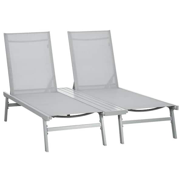 Zeus & Ruta Light Gray Metal Outdoor Chaise Lounge Set of 2 with 5-Position Reclining Back, Shelf for Beach, Yard, Patio