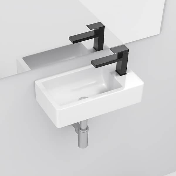Unbranded Modern White Ceramic Rectangular Wall Mounted Bathroom Sink with Single Faucet Hole