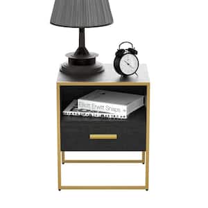 1-Drawer Gold & Black Nightstand 17.7 in. H x 17.7 in. W x 15.7 in. L Bedside Table Sofa End Table