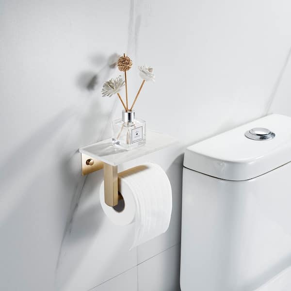 Wall Mount Toilet Paper Holder Bath Hardware Accessory with Natural Marble Shelf Tissue Storage Holder in Brushed Gold